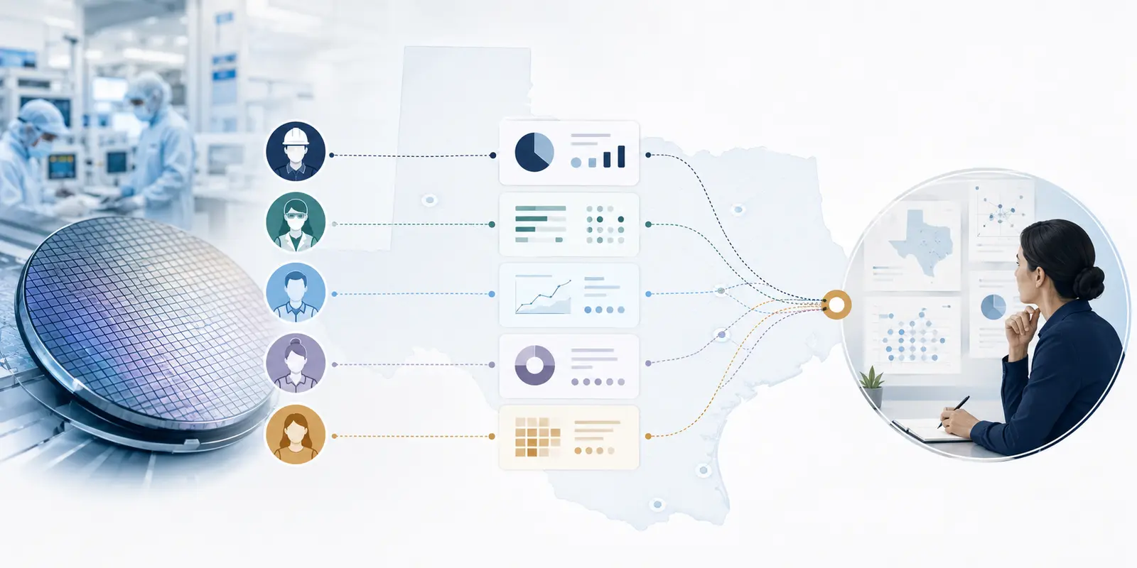 Editorial illustration showing five Texas semiconductor workforce hypotheses, separate evidence streams, and a human-reviewed decision checkpoint.